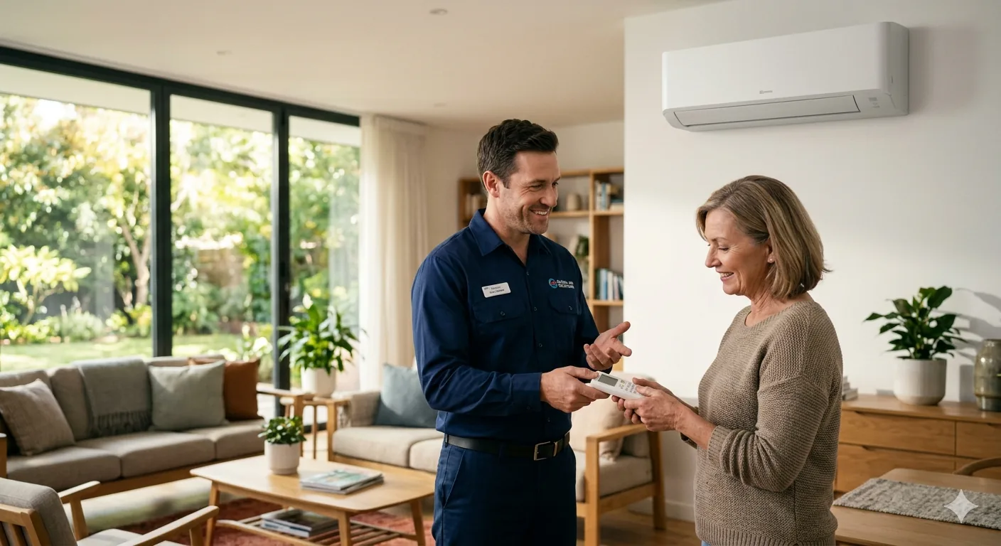 Technician assisting a customer with an air conditioning installation in a bright living room.