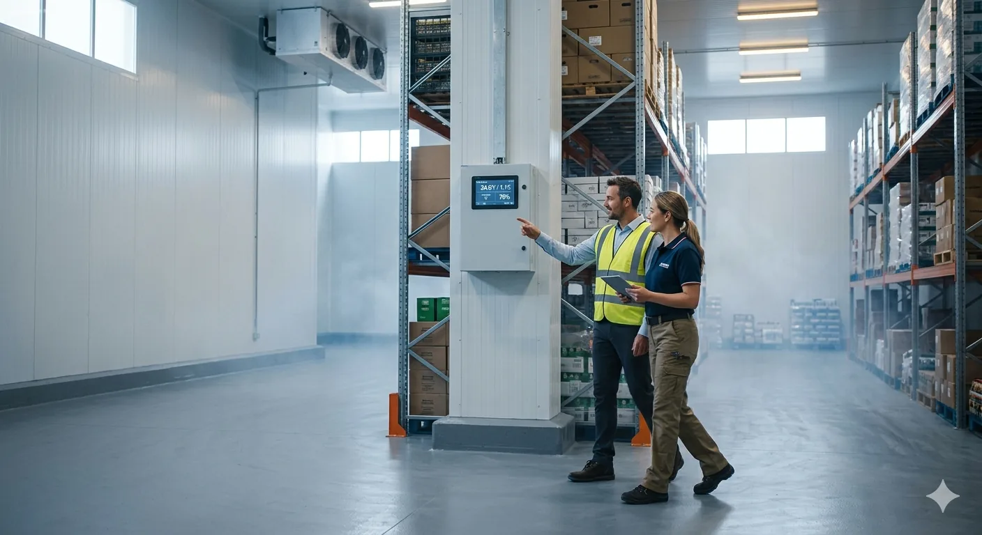 Commercial walk-in cold room with storage racks and staff reviewing the control panel.