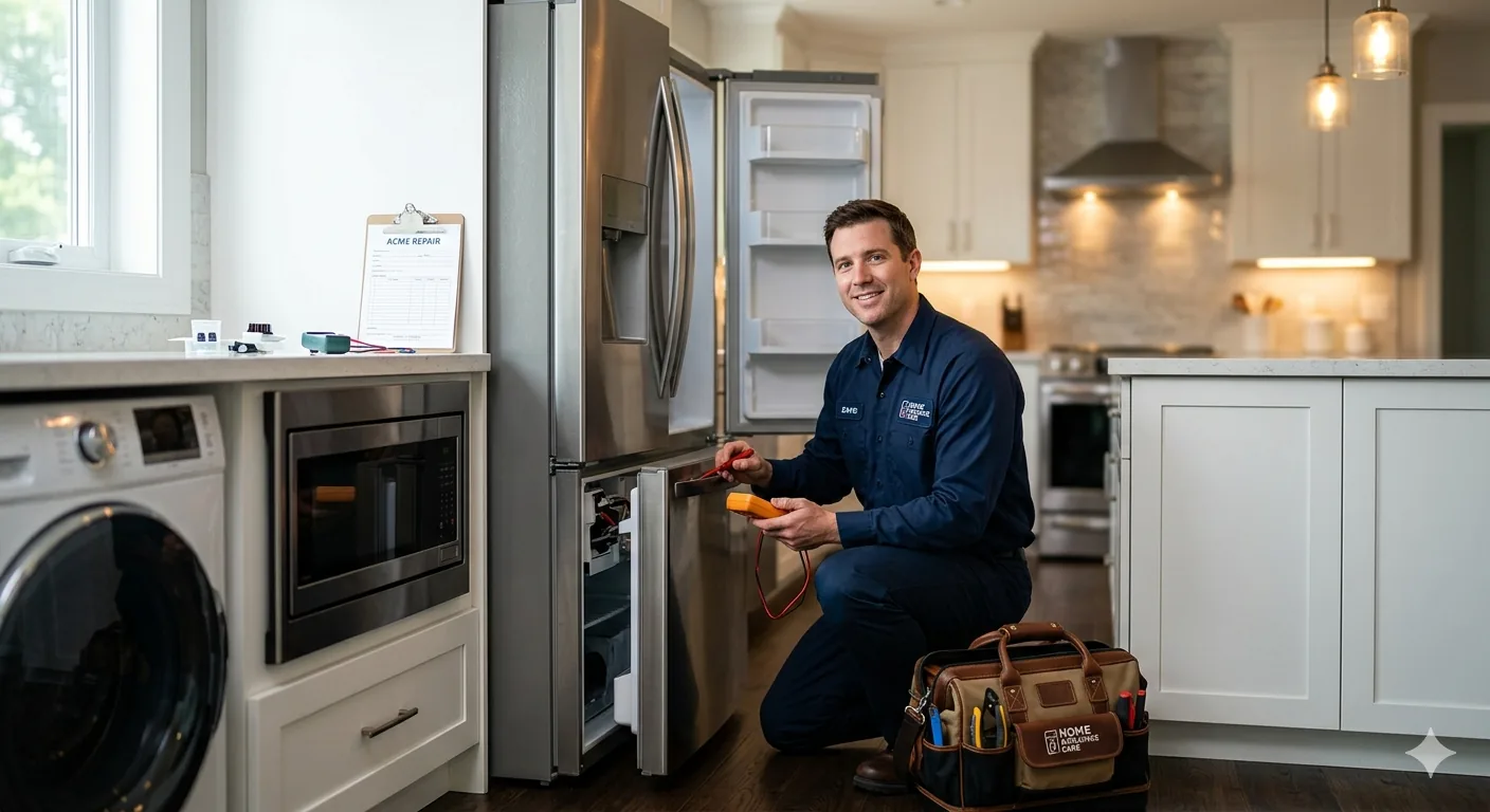 Technician repairing a refrigerator in a kitchen with other domestic appliances nearby.