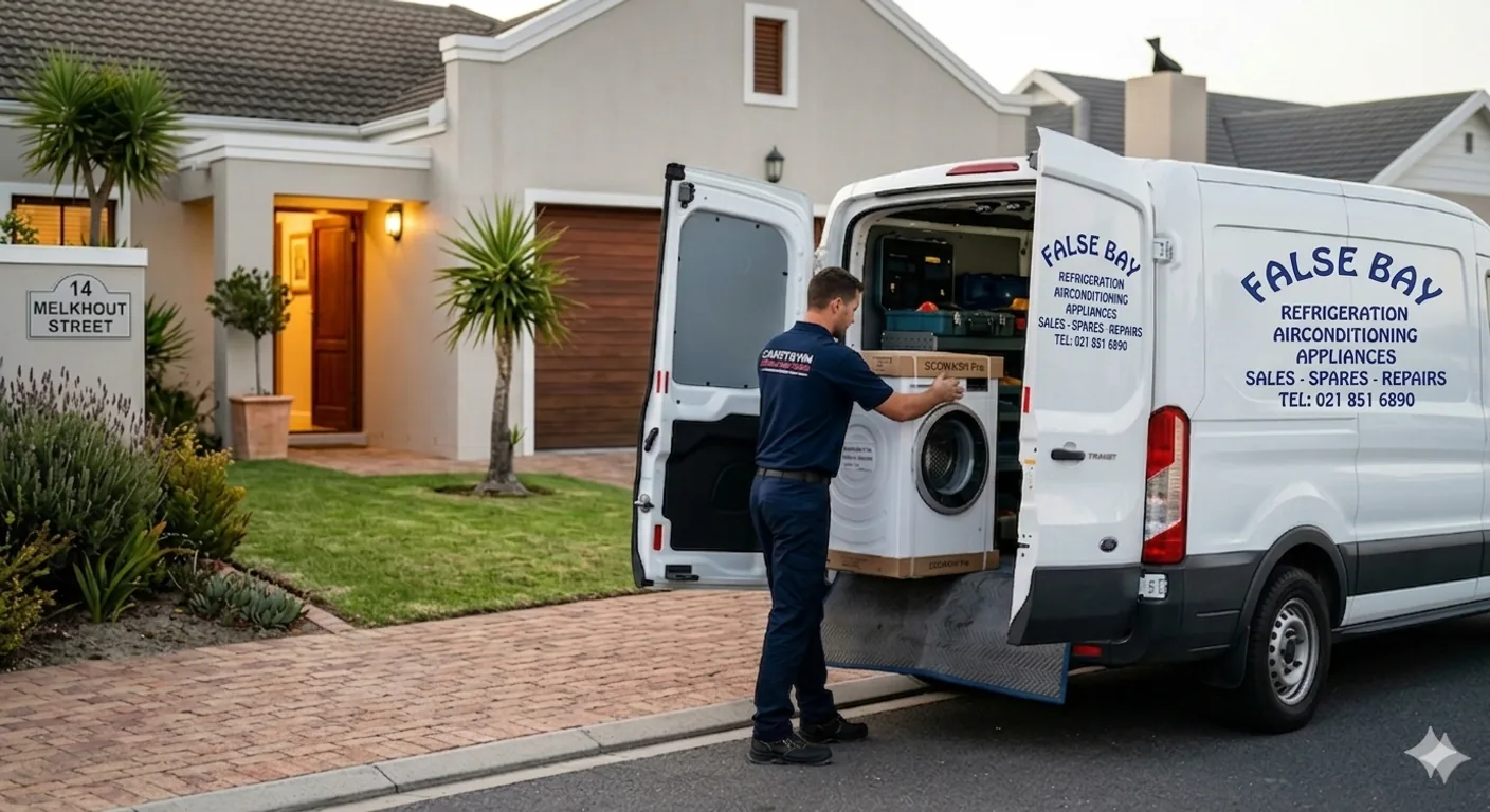Technician loading an appliance into a service van outside a residential property for fetch-and-deliver support.