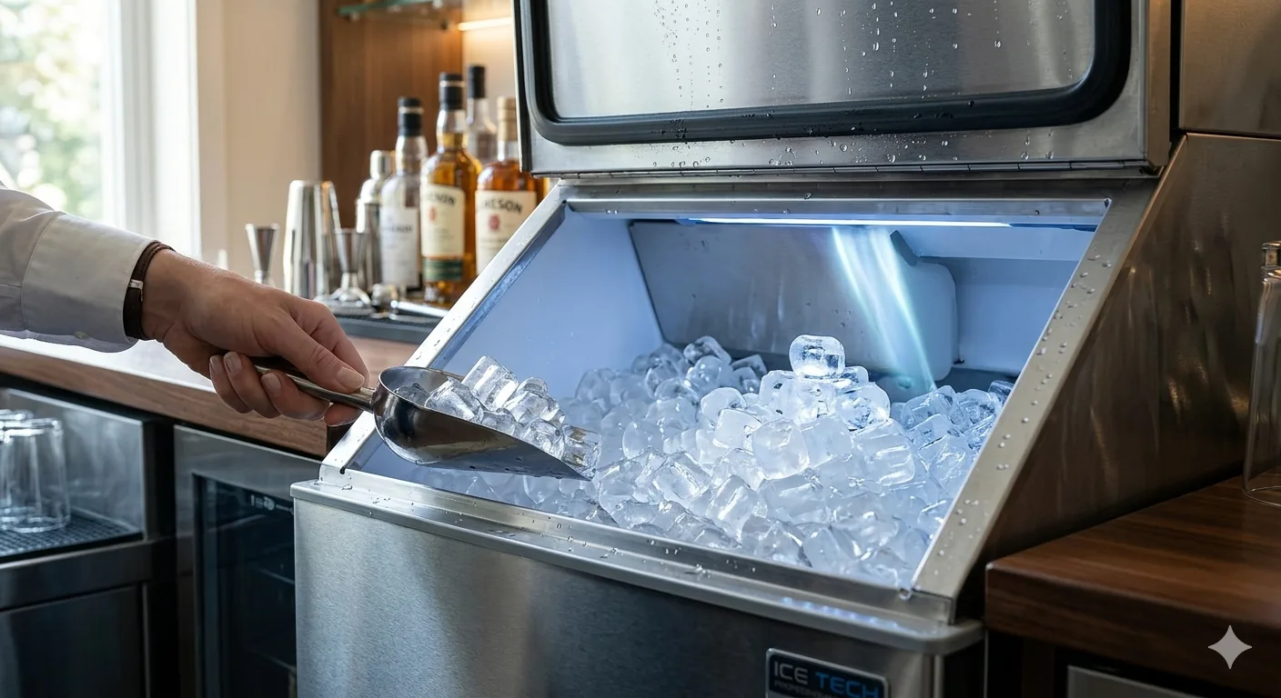 Commercial ice machine filled with fresh ice while a scoop collects cubes.