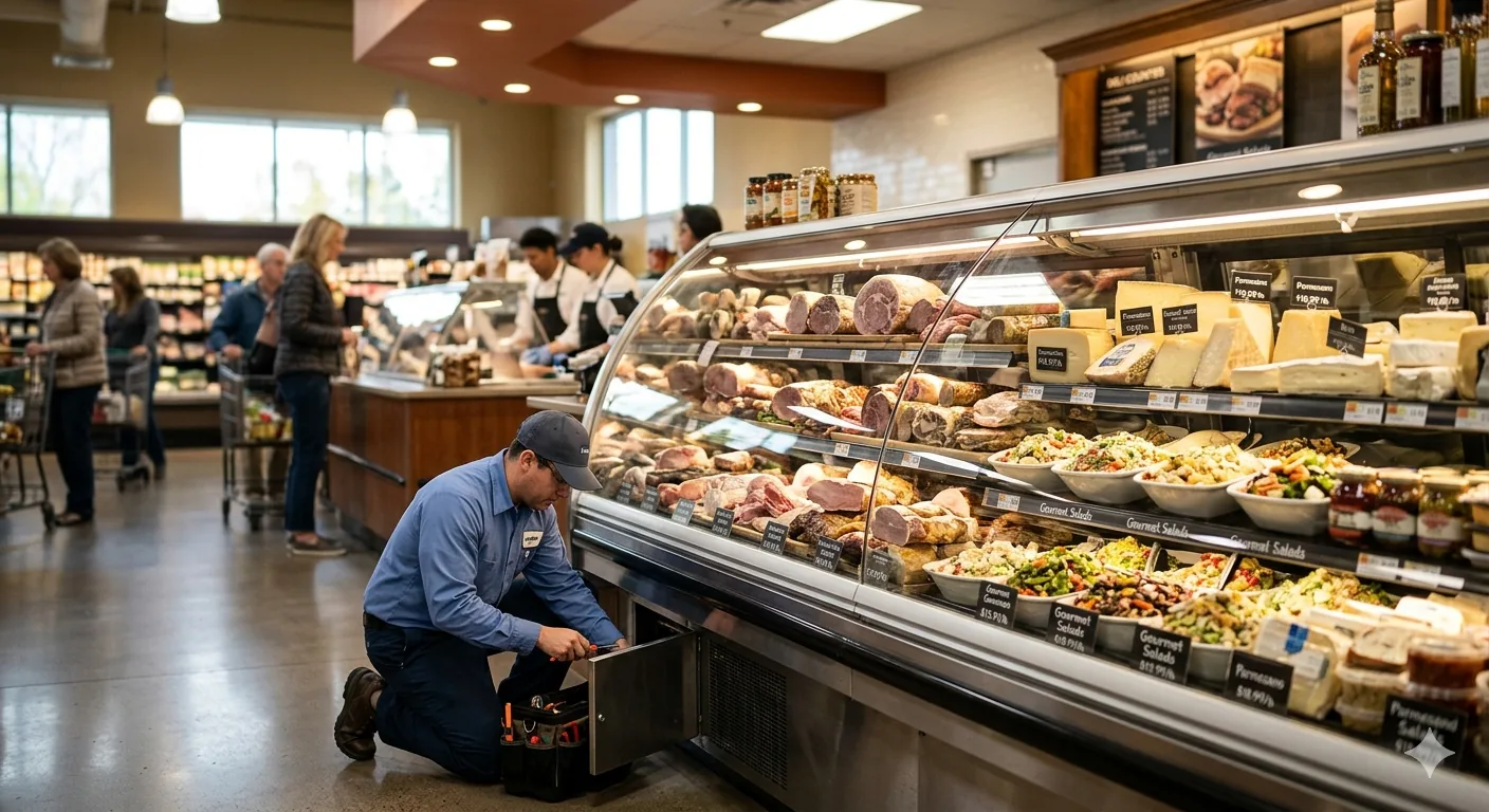 Technician servicing a deli display refrigerator in an active retail environment.